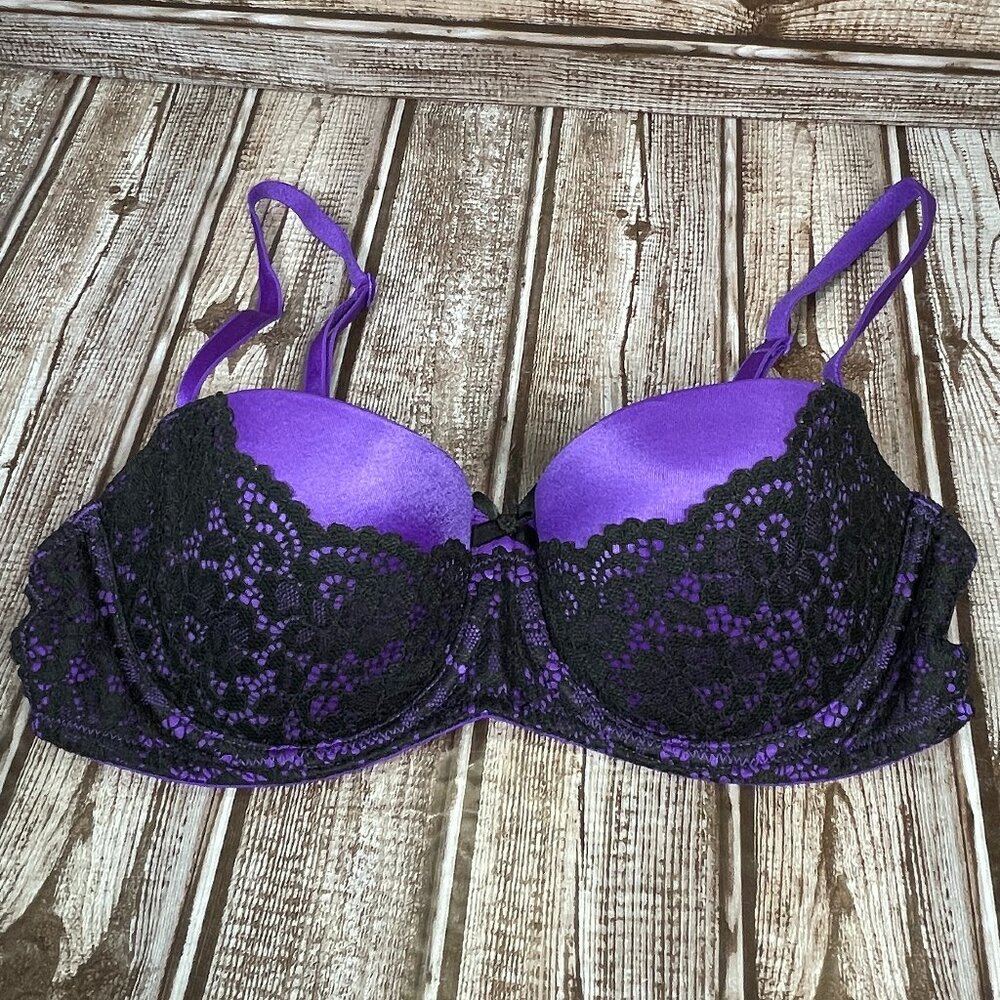 VICTORIA'S SECRET Balconet 34B Purple Black Lace Underwire Demi Padded Bra EUC